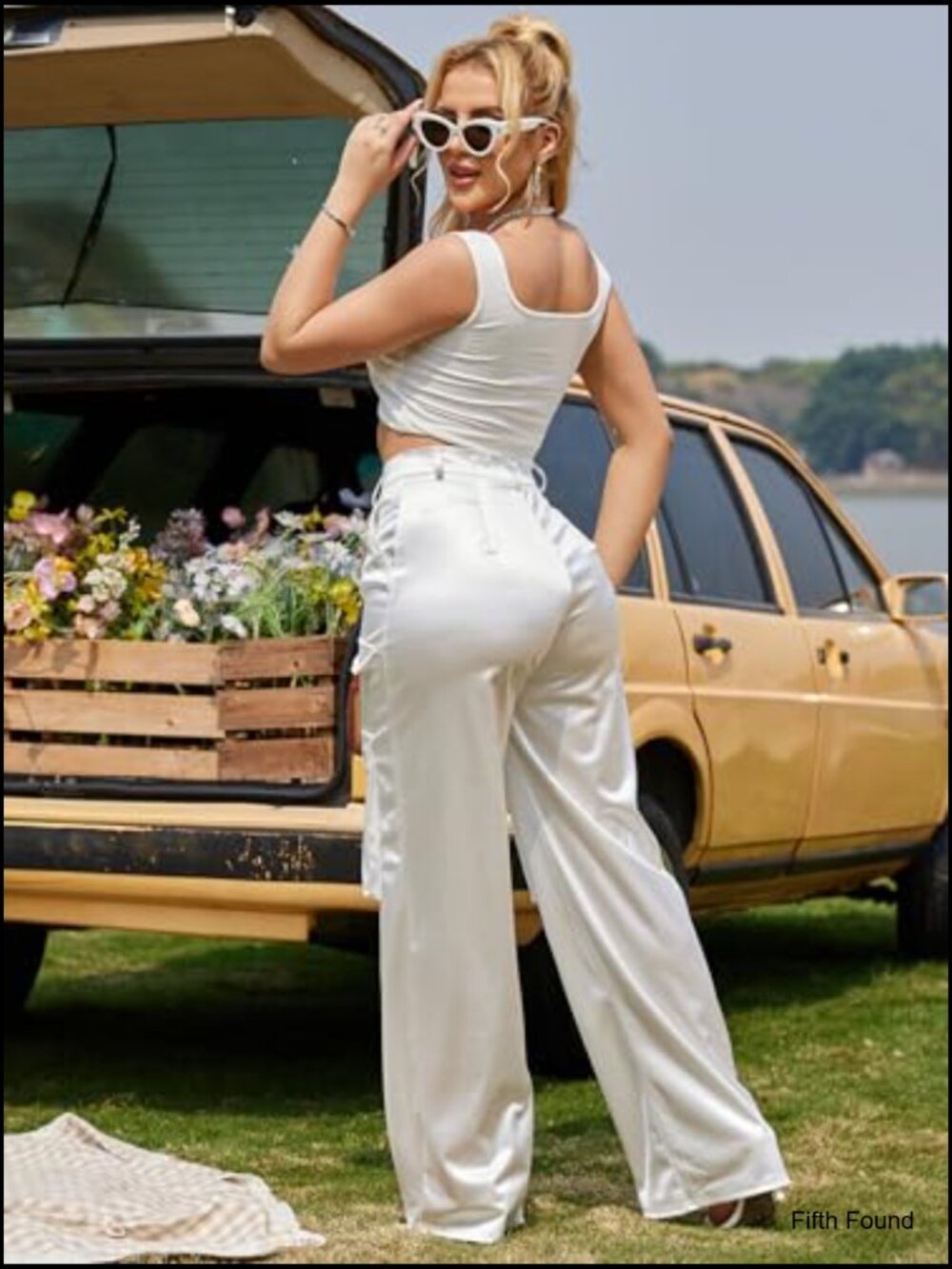 High Waisted Satin Cargo Pants Wide Leg Loose Fit with Pockets XL - Picture 5 of 7